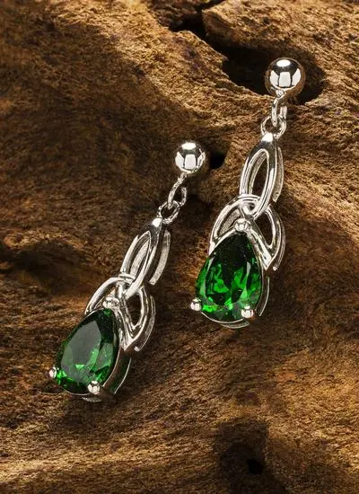 Sterling Silver Trinity Knot Drop Earrings with Green Stone